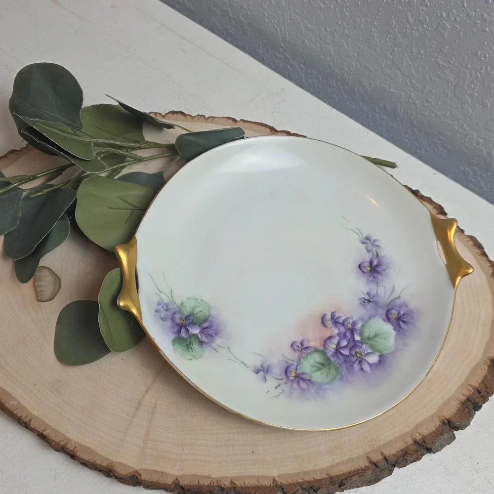 Antique Hutschenreuther Hand‎ Painted Porcelain Violet Cake Plate Gold Handles